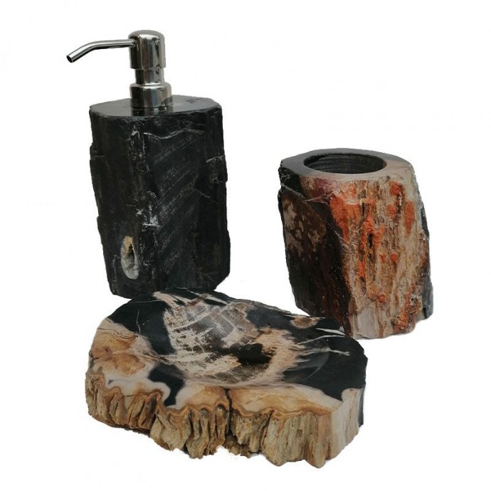 Ensemble accessoires salle de bain en bois fossilisé noir