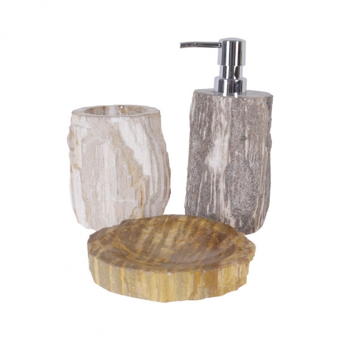 Ensemble accessoires salle de bain en bois fossilisé marron