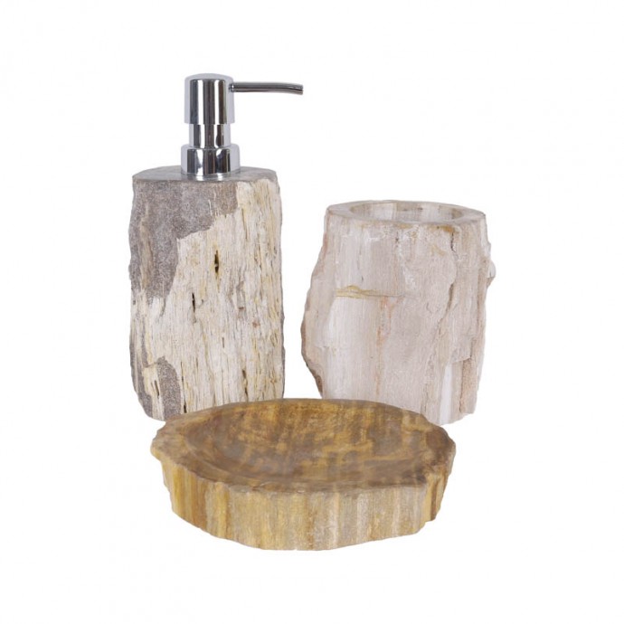 Ensemble accessoires salle de bain en bois fossilisé marron