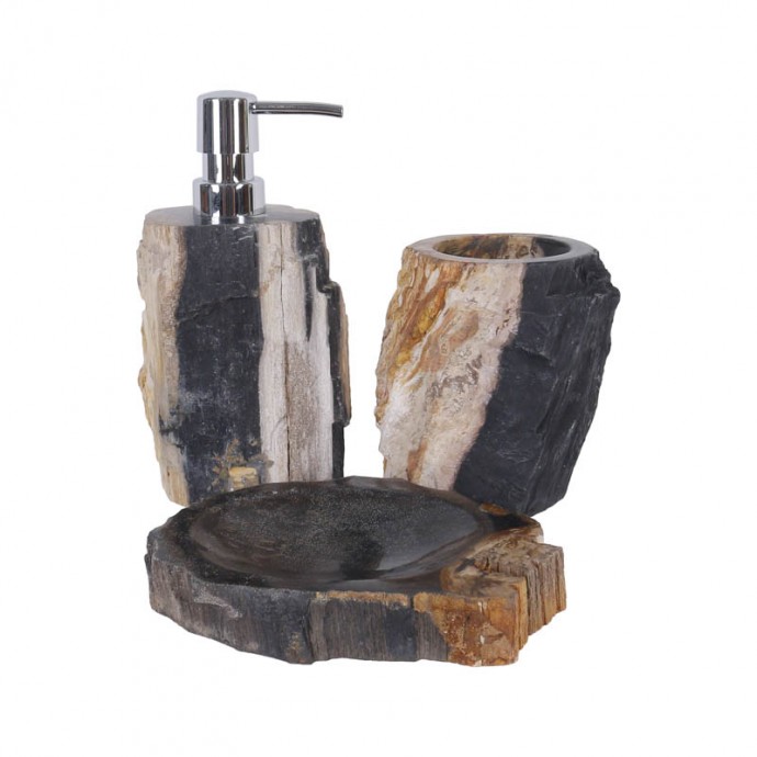 Ensemble accessoires salle de bain en bois fossilisé noir