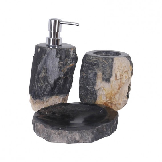 Ensemble accessoires salle de bain en bois fossilisé noir